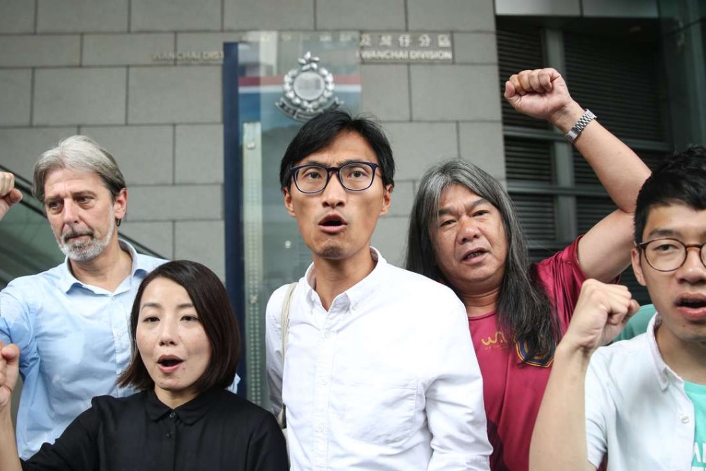 Three of the six newly elected localists (front, from left) Lau Siu-lai, Eddie Chu Hoi-dick and Nathan Law Kwun-chung. Photo: Sam Tsang