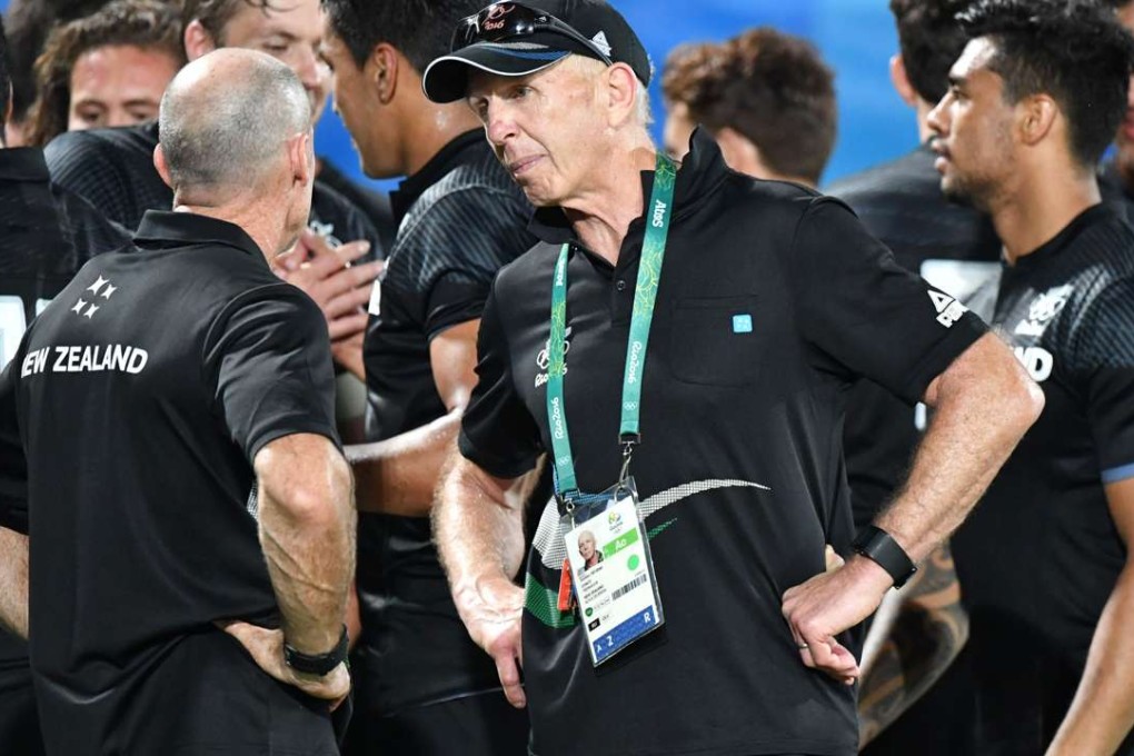 Gordon Tietjens (centre) with his staff at the Rio Olympics in August. Photo: AFP