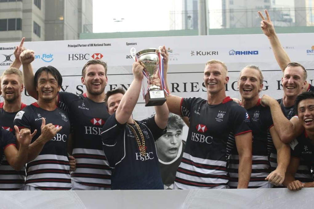 Hong Kong players celebrate after winning the Asia Rugby Sevens title. Photos: Felix Wong/SCMP