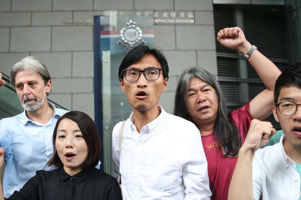 Making their voices heard are (from left) Paul Zimmerman, one of five pan-democrats who stepped aside to consolidate the anti-establishment vote, Lau Siu-lai, Eddie Chu, Leung Kwok-hung and Nathan Law. Photo: Sam Tsang