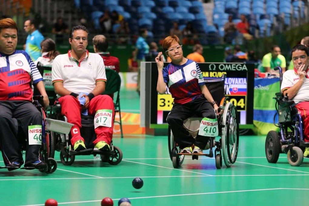 Leung Yuk-wing (left) and Lau Wai-yan in the boccia mixed pairs event. Photo: Hong Kong Paralympic Committee.
