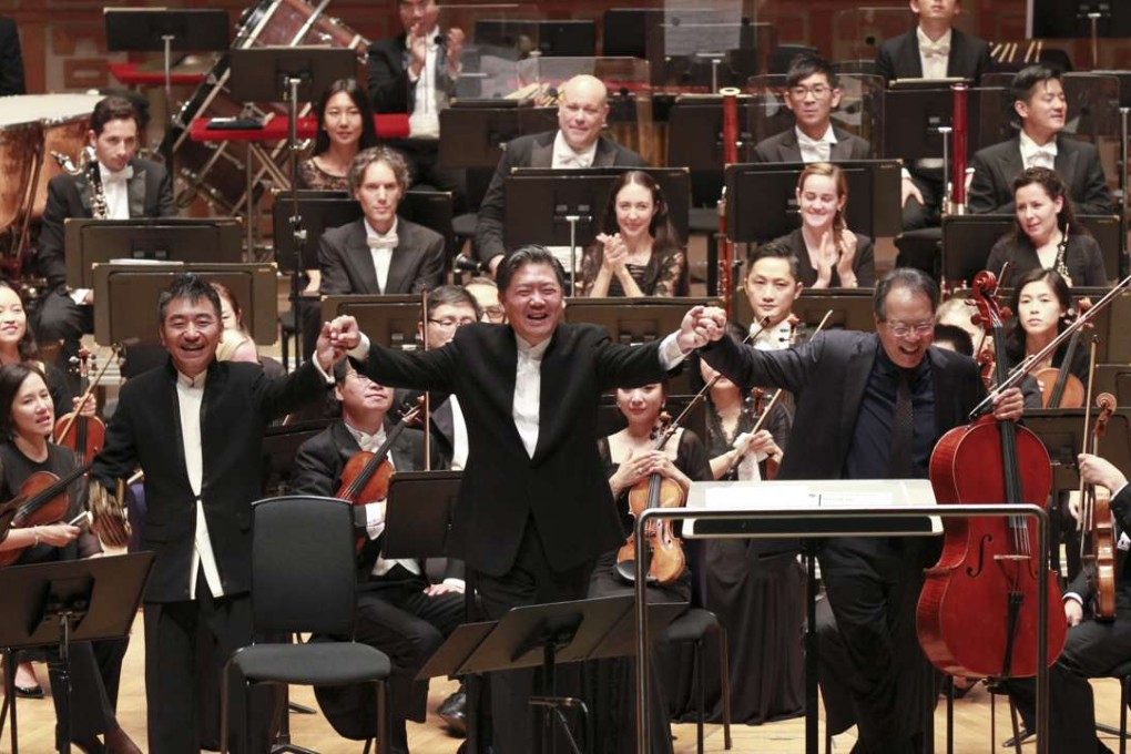 Hong Kong Philharmonic Orchestra's 2016/2017 season opening concert featuring (from left) sheng player Wu Tong, principal guest conductor Yu Long and cellist Yo-Yo Ma. Photos: Hong Kong Philharmonic