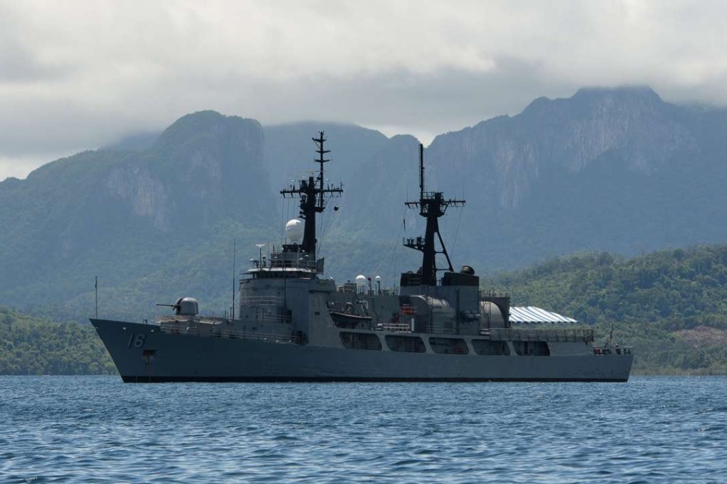 Philippine Navy frigate BRP Ramon Alacraz anchored at the mouth of the South China Sea in Ulugan Bay off Puerto Princesa on Palawan island. Photo: AFP