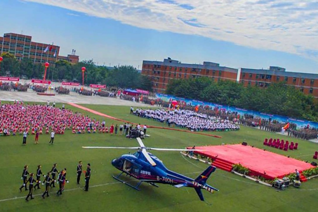 A helicopter was featured in the ceremony marking the new academic year at a Chengdu vocational school. Photo: SCMP Pictures