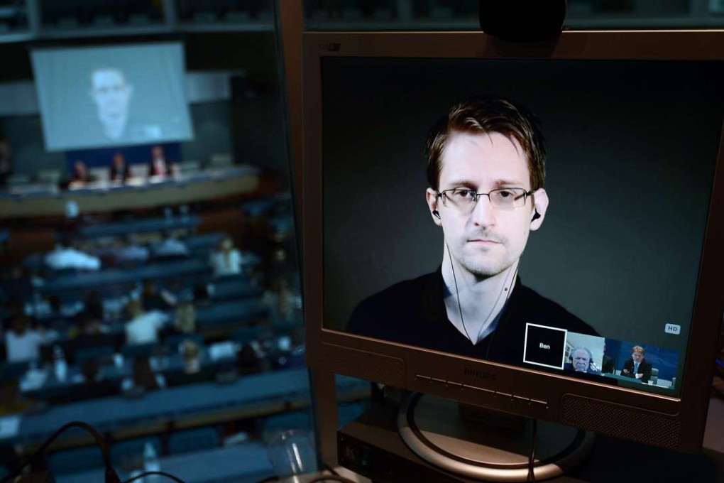 Edward Snowden is seen via live video link from Russia during a parliamentary hearing on the subject of "Improving the protection of whistleblowers", at the Council of Europe in Strasbourg on June 23, 2015. Photo: AFP