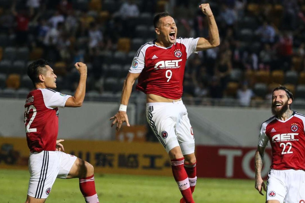South China’s Nikola Komazec celebrates scoring an equaliser in stoppage time in their AFC Cup quarter-final first leg 1-1 draw against Malaysia’s Johor Darul Tazim at Mong Kok Stadium. Photos: Sam Tsang