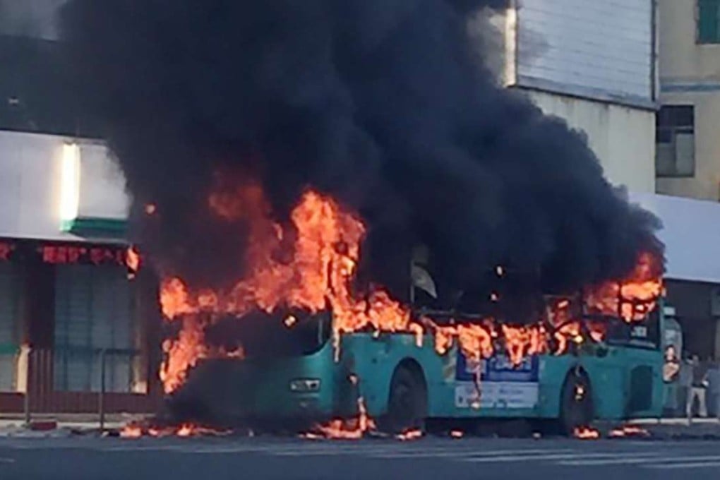 The bus fire started at about 7am on Thursday morning as the vehicle was travelling in Shenzhen’s Longhua New District. Photo: SCMP Pictures