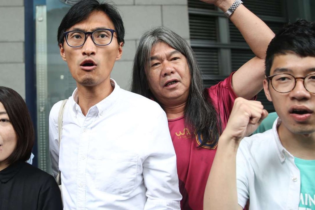 Celebrating their victory in the Legislative Council election are (from left), Lau Siu-lai, Eddie Chu, “Long Hair” Leung Kwok-hung and Nathan Law. Photo: Sam Tsang