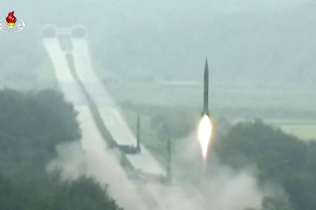 North Korean broadcaster KRT’s footage of one of three medium-range missiles being launched to coincide with the G20 summit in China. Photo: AP