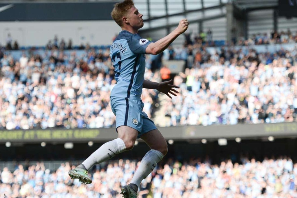 Kevin De Bruyne celebrates scoring the opening goal in Manchester City’s 4-0 victory over Bournemouth at the Etihad Stadium. Photo: AFP
