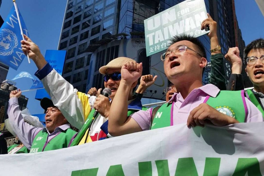 Michael Tsai (in sunglasses) leads a demonstration in New York on Saturday advocating UN membership for Taiwan. Photo: Taiwan United Nations Alliance