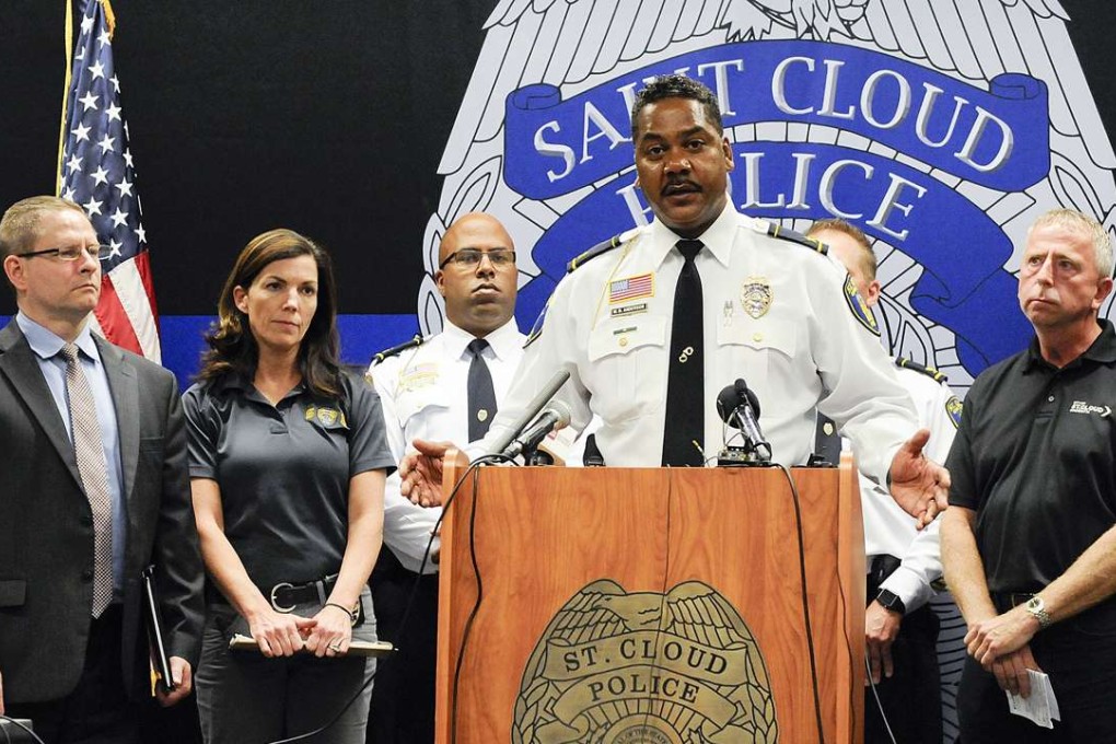 St Cloud, Minnesota, Police Chief William Blair Anderson and other officials hold a press conference Sunday giving updated information on the mass stabbing at the Crossroads Centre mall. Photo: AP