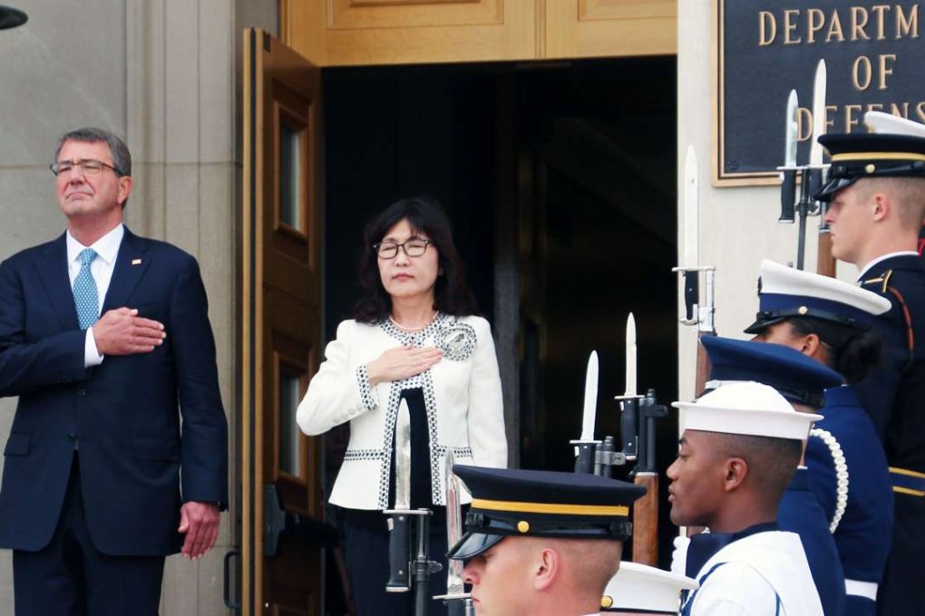 US Defence Secretary Ashton Carter with Japanese Defence Minister Tomomi Inada in Washington this month. Photo: Kyodo