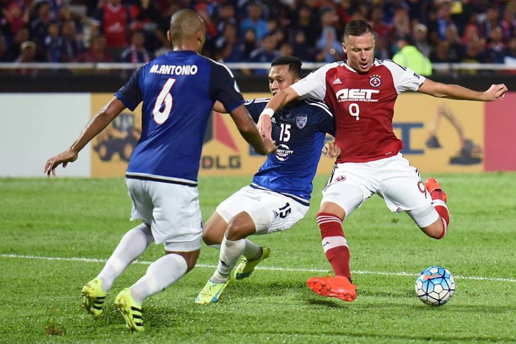 South China striker Nikola Komazec takes a shot during Tuesday night’s AFC Cup quarter-final, second leg match in Johor Buru. Photos: Nizam Rahman
