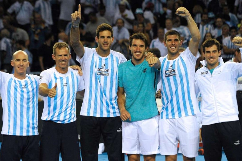 Argentina celebrate after winning the Davis Cup world group semi-final against Great Britain. Photo: AFP