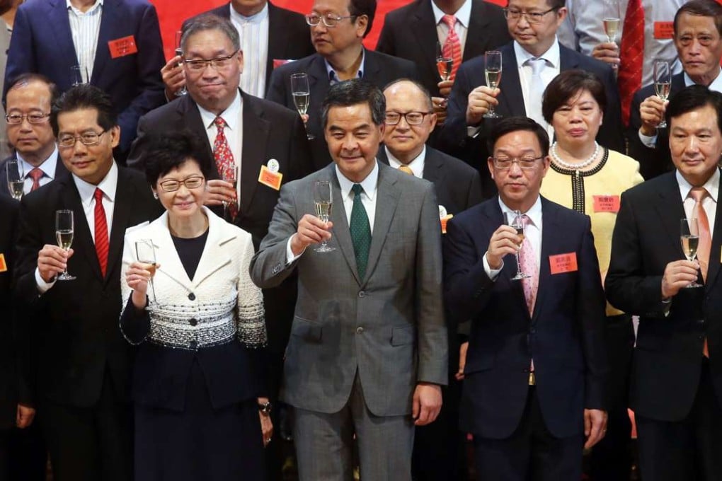 Hong Kong Chief Executive Leung Chun-ying officiates at the reception hosted by Heung Yee Kuk. Photo: Sam Tsang
