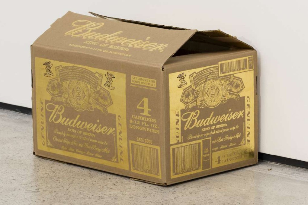 A gold-leaf-embossed cardboard box from Danh Vo’s Hong Kong show. The artist chooses to leave most of his works untitled. Photo: Danh Vo/White Cube