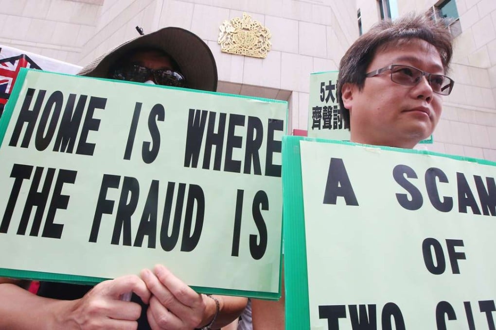 Local investors have few protections when it comes to oversight of foreign property marketed in Hong Kong. Victims of suspected UK property investment scam protest at the British consulate to demand follow-up action on July 16, 2016. Photo: David Wong