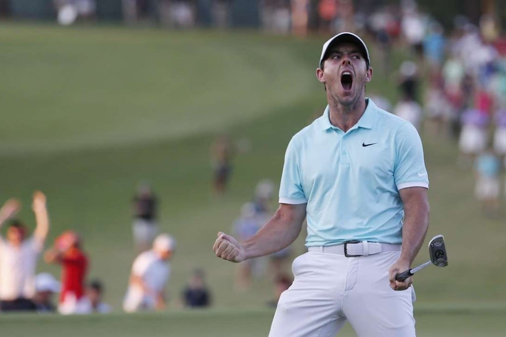 Rory McIlroy of Northern Ireland lets out a roar after securing a massive pay day with his win at the PGA Tour Championship. Photo: EPA