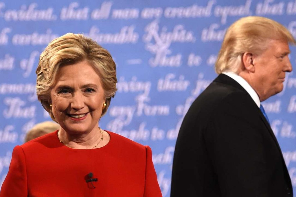 Democratic nominee Hillary Clinton and Republican nominee Donald Trump leave the stage after the first presidential debate at Hofstra University in Hempstead, New York. Photo: AFP