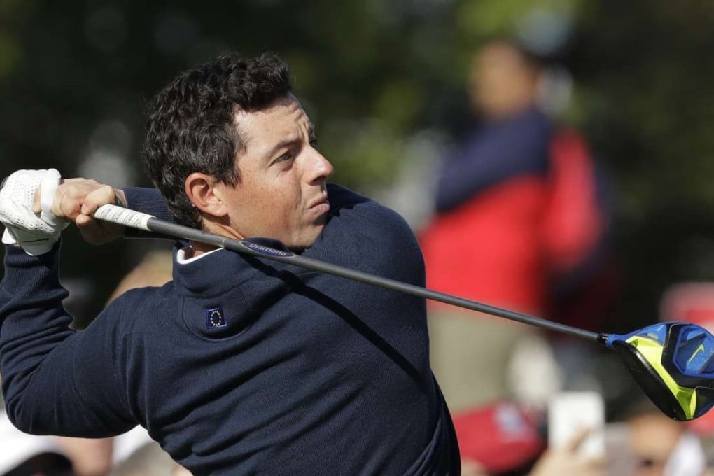 Europe's Rory McIlroy hits a drive on the second hole during a practice round for the Ryder Cup golf tournament Tuesday, Sept. 27, 2016, at Hazeltine National Golf Club in Chaska, Minn. (AP Photo/Charlie Riedel)