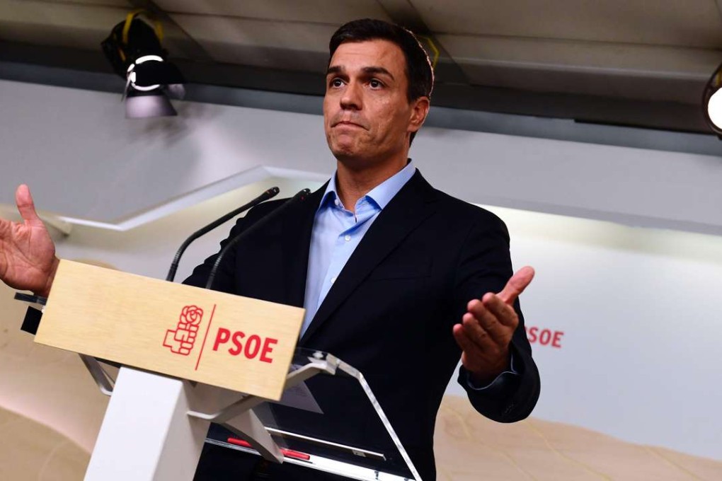 Spanish Socialist Party leader Pedro Sanchez gives a press conference at the party headquarters in Madrid. Photo: AFP
