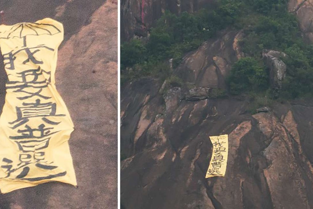 The banner was draped on a hillside in Lei Yue Mun, Kowloon, early Wednesday. Photo: League of Social Democrats