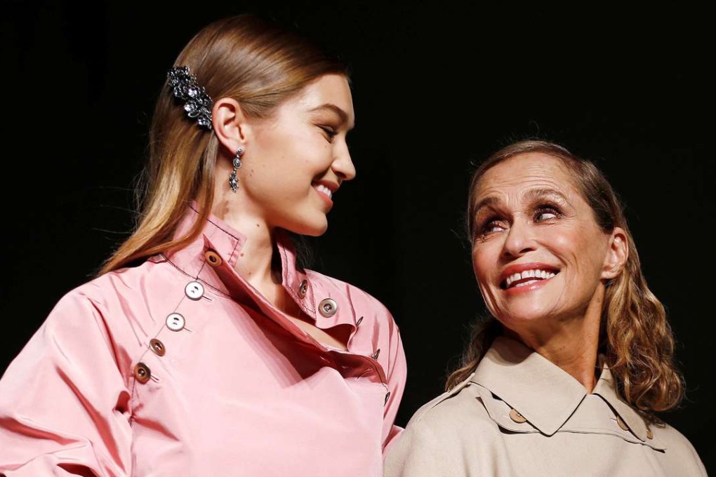 Models Gigi Hadid (left) and Lauren Hutton at the Bottega Veneta show, in Milan. Picture: Reuters
