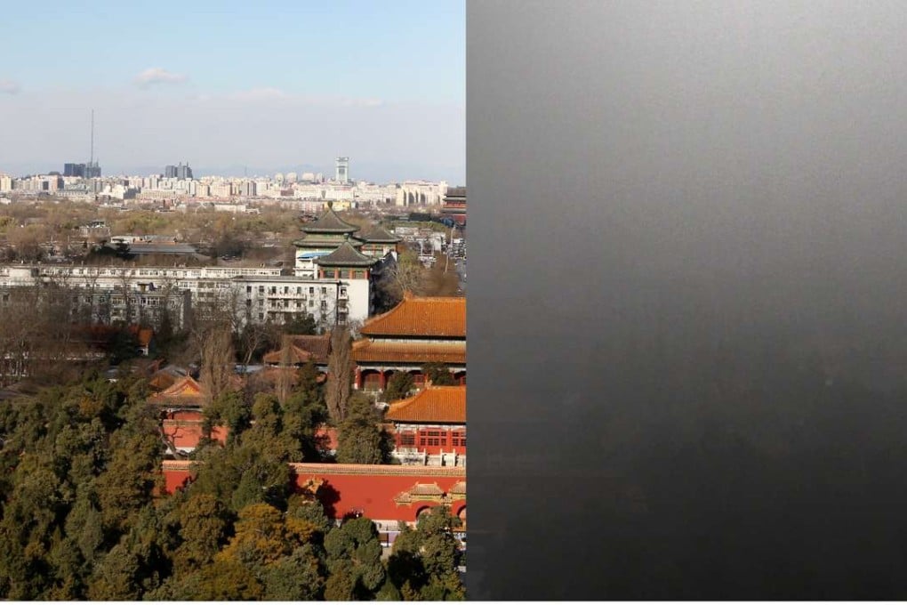 A photograph, combining two images, showing Beijing from the top of Jingshan Park – one with blue sky (left) taken on December 2, 2015, and the other with serious smog taken one day before, on December 1. Photos: Simon Song