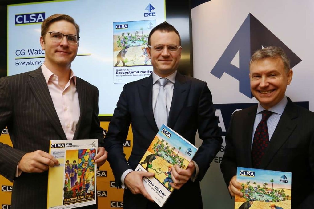 (L to R) CLSA’s Charles Yonts and Shaun Cochran, and ACGA’s Jamie Allen, at the release of Corporate Governance Watch 2016 in Hong Kong. Photo: Jonathan Wong