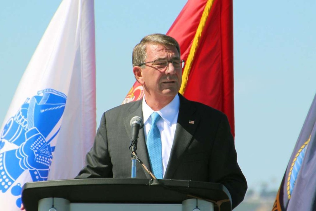 US Defence Secretary Ash Carter makes a speech aboard the aircraft carrier USS Carl Vinson in port in San Diego, California. Photo: Kyodo