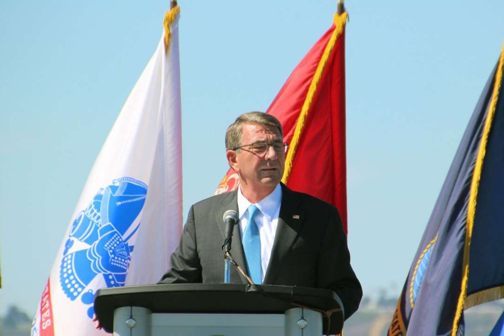 US Defence Secretary Ashton Carter makes a speech aboard the aircraft carrier USS Carl Vinson in port in San Diego. Photo: Kyodo