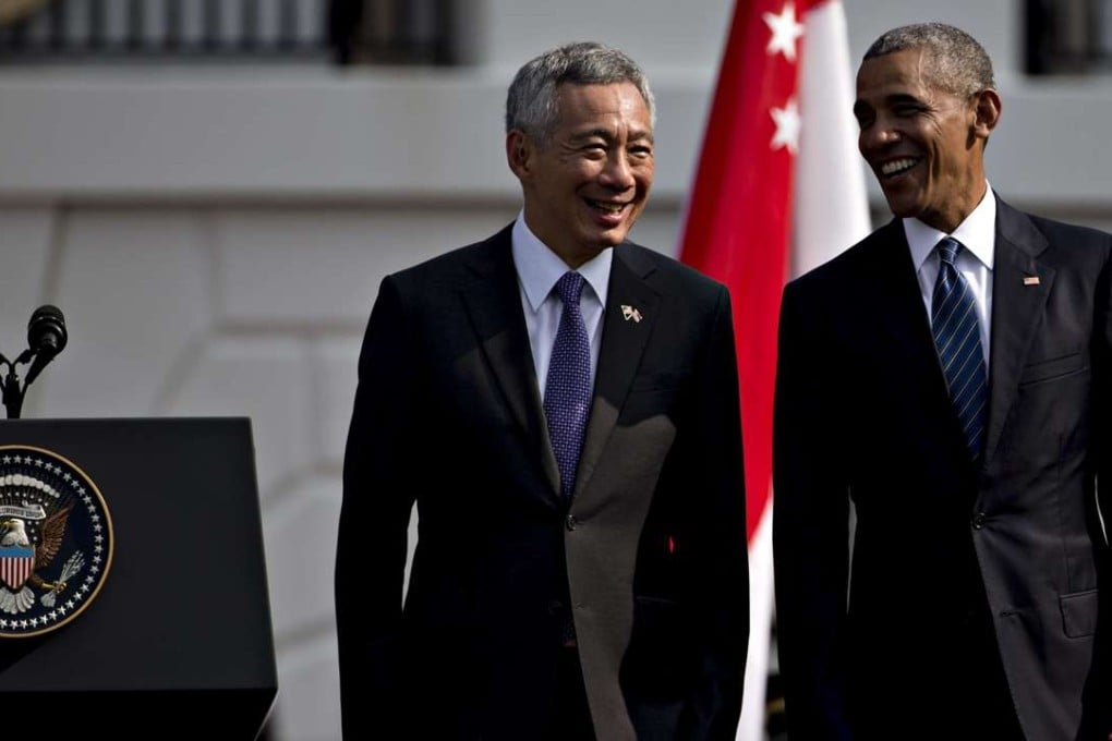 US President Barack Obama (right) and Singaporean Prime Minister Lee Hsien Loong on the South Lawn of the White House in Washington. Photo: Bloomberg