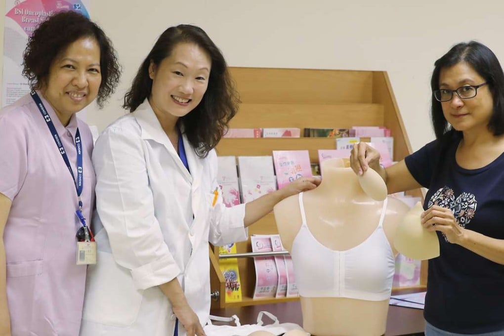 From left: KEC Breast Centre Clinical Director & Consultant Surgeon Dr Sharon Wong Wing-waiDr Chan, breast cancer survivor Emily Ng, and nurse Wong Kwai-ying at the United Christian Hospital in Kwun Tong with the bra which Ng has designed. 30SEP16 SCMP/ Photo: Edward Wong