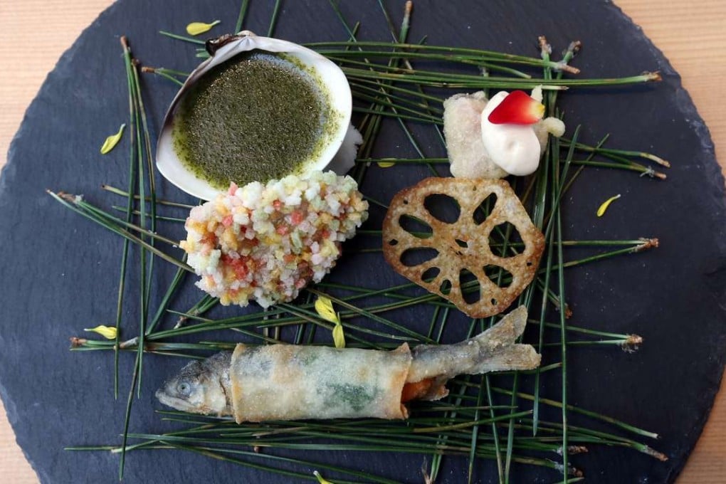 The tempura course with ayu and sea urchin spring roll, giant clam coated with rice and fried fig at Sushi Gin, Causeway Bay. Photo: K. Y. Cheng