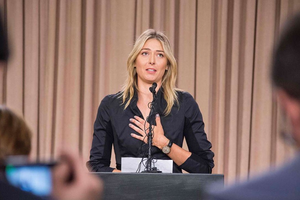 (FILES) This file photo taken on March 07, 2016 shows Russian tennis player Maria Sharapova speaking during a press conference in Los Angeles. Russian tennis star Maria Sharapova has been banned for two years after failing a drug test, the International Tennis Federation (ITF) announced on June 8, 2016. Sharapova tested positive for the controversial banned medication meldonium during January's Australian Open. / AFP PHOTO / ROBYN BECK