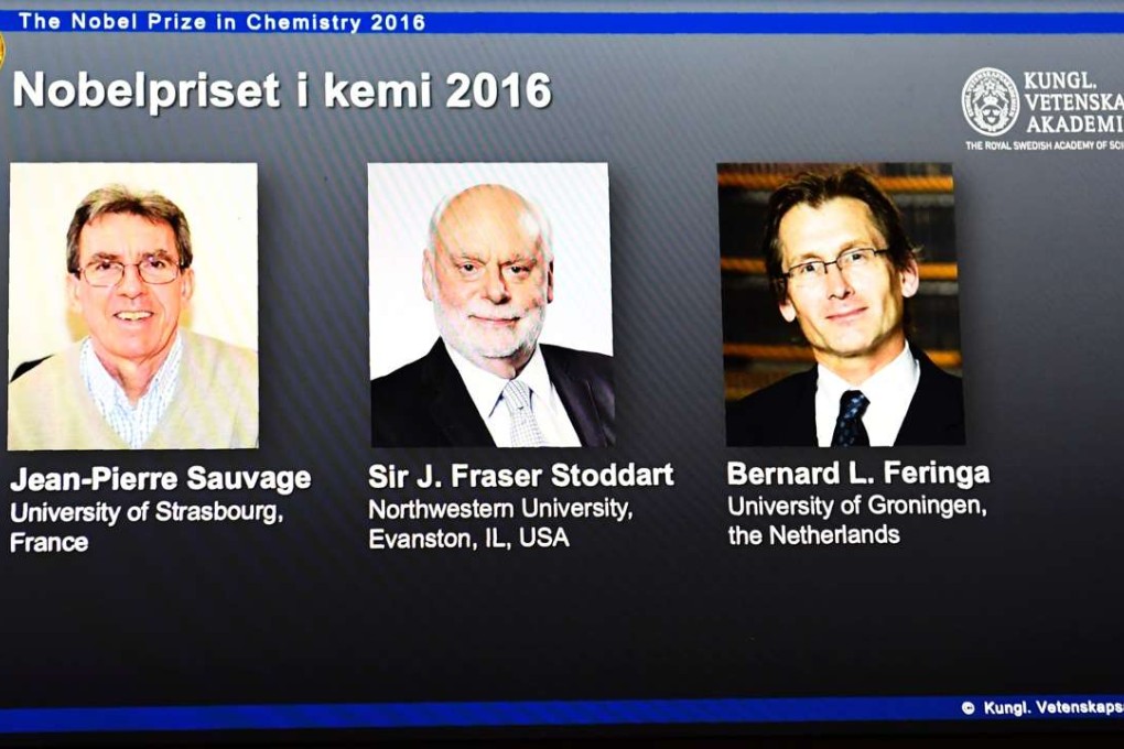 The winners of the 2016 Nobel Chemistry Prize: Jean-Pierre Sauvage, J Fraser Stoddart and Bernard L Feringa are displayed on a screen during a press conference to announce the winners. Photo: AFP