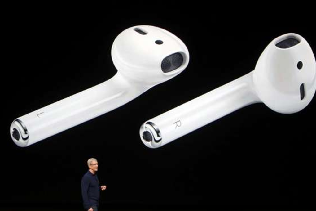 AirPods are displayed as Apple Inc CEO Tim Cook makes his closing remarks during an Apple media event in San Francisco, California last month. Photo: REUTERS/Beck Diefenbach