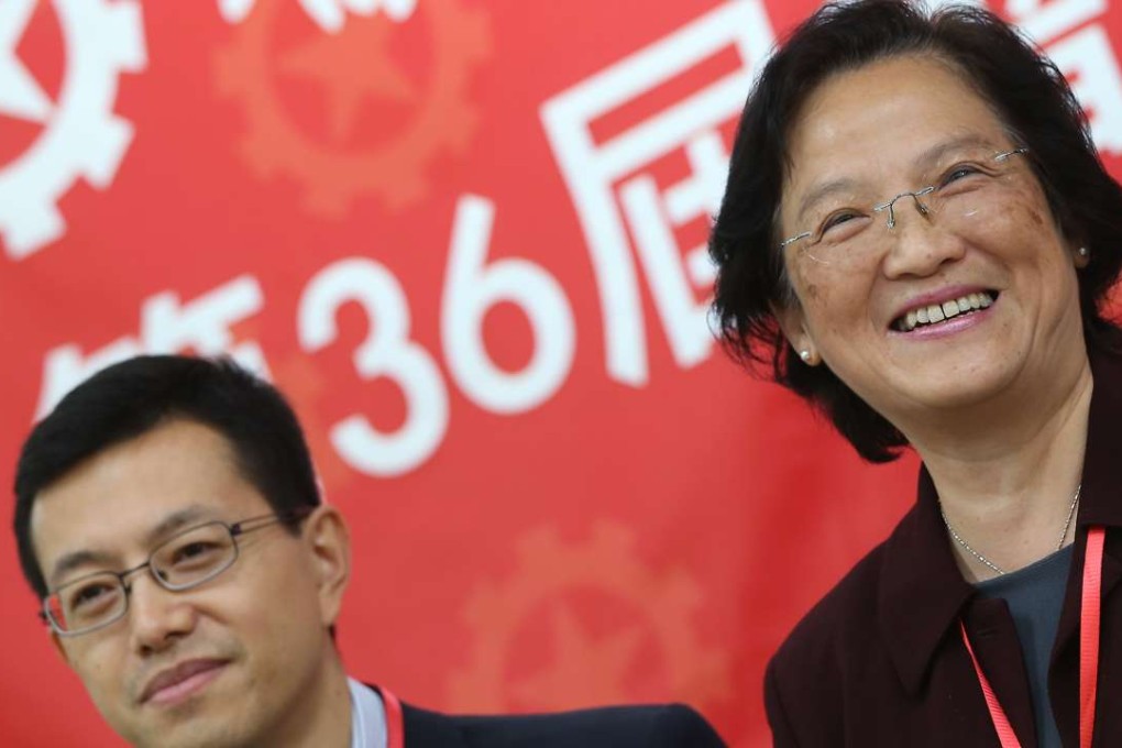 Hong Kong Federation of Trade Unions president Lam Shuk-yee (right) with group chairman Stanley Ng Chau-pei in Ho Man Tin in April last year. Photo: K.Y. Cheng