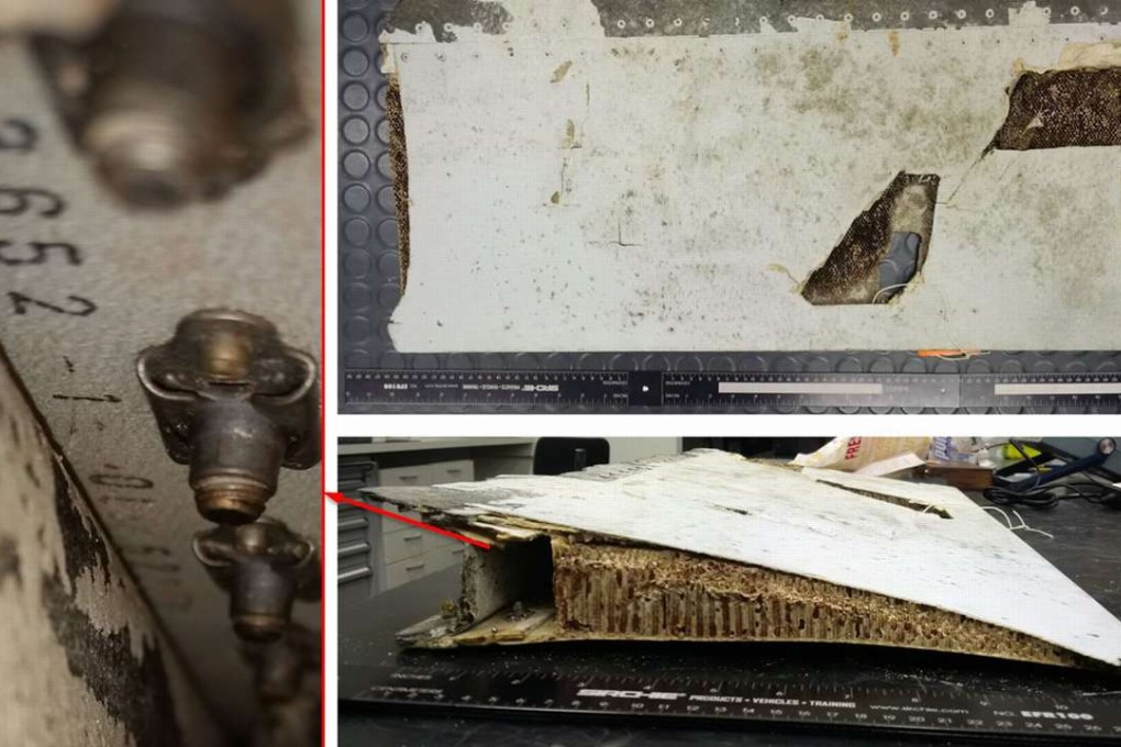 This combination of three photos released by Australian Transport Safety Bureau shows a piece of aircraft debris stored at the ATSB laboratory in Canberra, Australia. Photo: AP