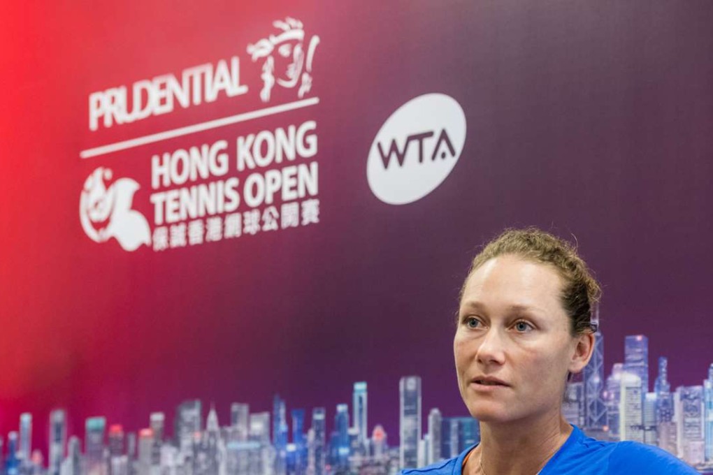 Samantha Stosur speaks to the media at Victoria Park on Friday. Photo: HK Tennis Open