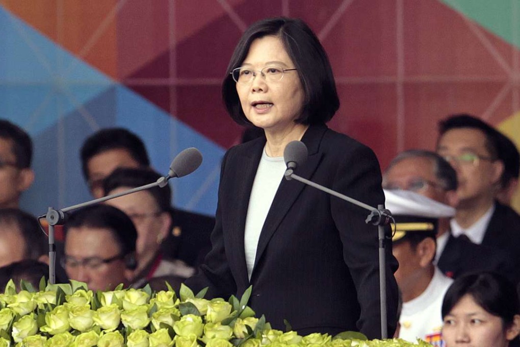 Taiwan's President Tsai Ing-wen delivers her National Day speech in front of the Presidential Building in Taipei on Monday. Photo: AP