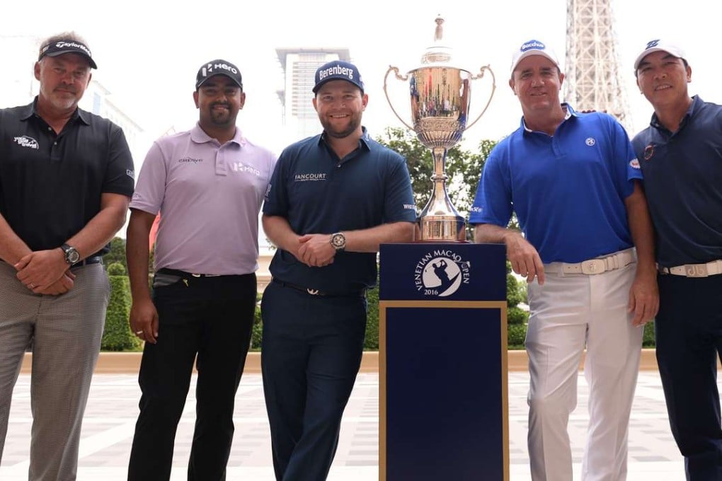 Darren Clarke, Anirban Lahiri, Branden Grace, Scott Hend and Zhang Liangwei pose with the Venetian Macao Open trophy. Photo: Asian Tour