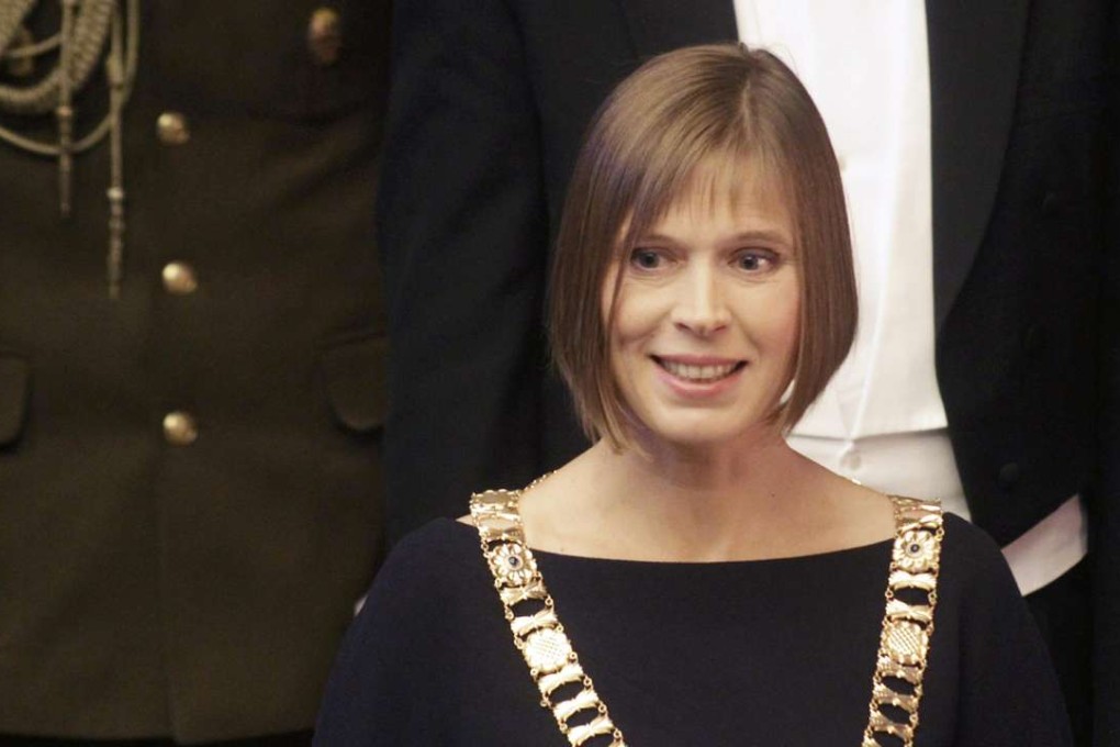 Estonia's new President Kersti Kaljulaid wears the presidential insignia during her inauguration ceremony at the parliament in Tallinn on Monday. Photo: EPA