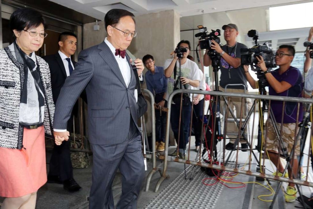 Former chief executive Donald Tsang Yam-kuen (right) accompanied by his wife Selina Tsang Pou Siu-mei outside the High Court in Admiralty on Tuesday. Photo: May Tse