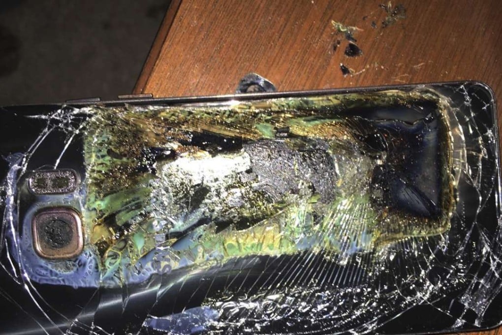 Photo shows a damaged Samsung Galaxy Note 7 on a table in Richmond, Virginia. Photo: AP