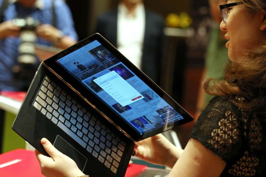 Lenovo’s flagship bendable laptop, the Yoga 900, on display at the company’s annual results announcement in May in Hong Kong. Photo: Nora Tam