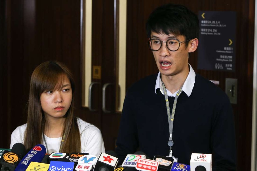 Lawmakers-elect Yau Wai-ching and Sixtus “Baggio” Leung Chung-hang speaking at Legco. Photo: Dickson Lee