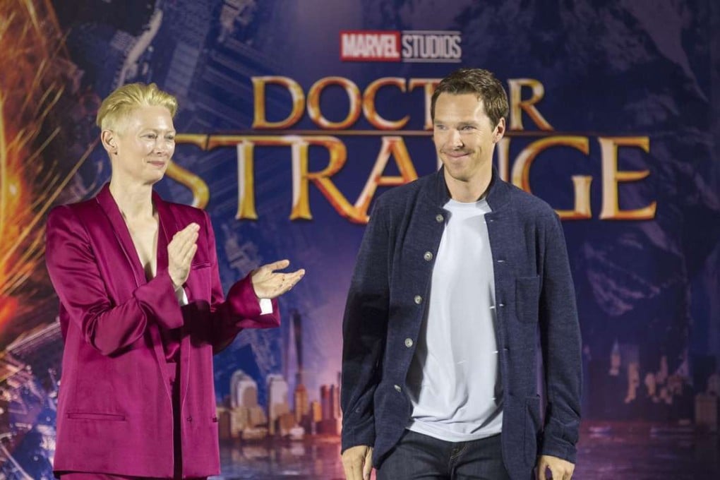 Tilda Swinton and British actor Benedict Cumberbatch promote Doctor Strange in Hong Kong. Photo: EPA