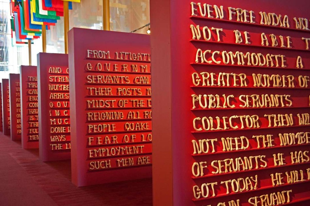 The artwork ‘Public Notice 2’ by Jitish Kallat recalls the historic speech by Indian independence leader Mohandas Gandhi on the eve of the Salt March – a protest against the British salt monopoly. Photo: AFP